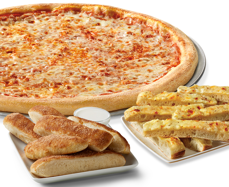 Large Cheese Pizza, Cheese Breadsticks and Cinnamon Sticks at Papa Gino's.